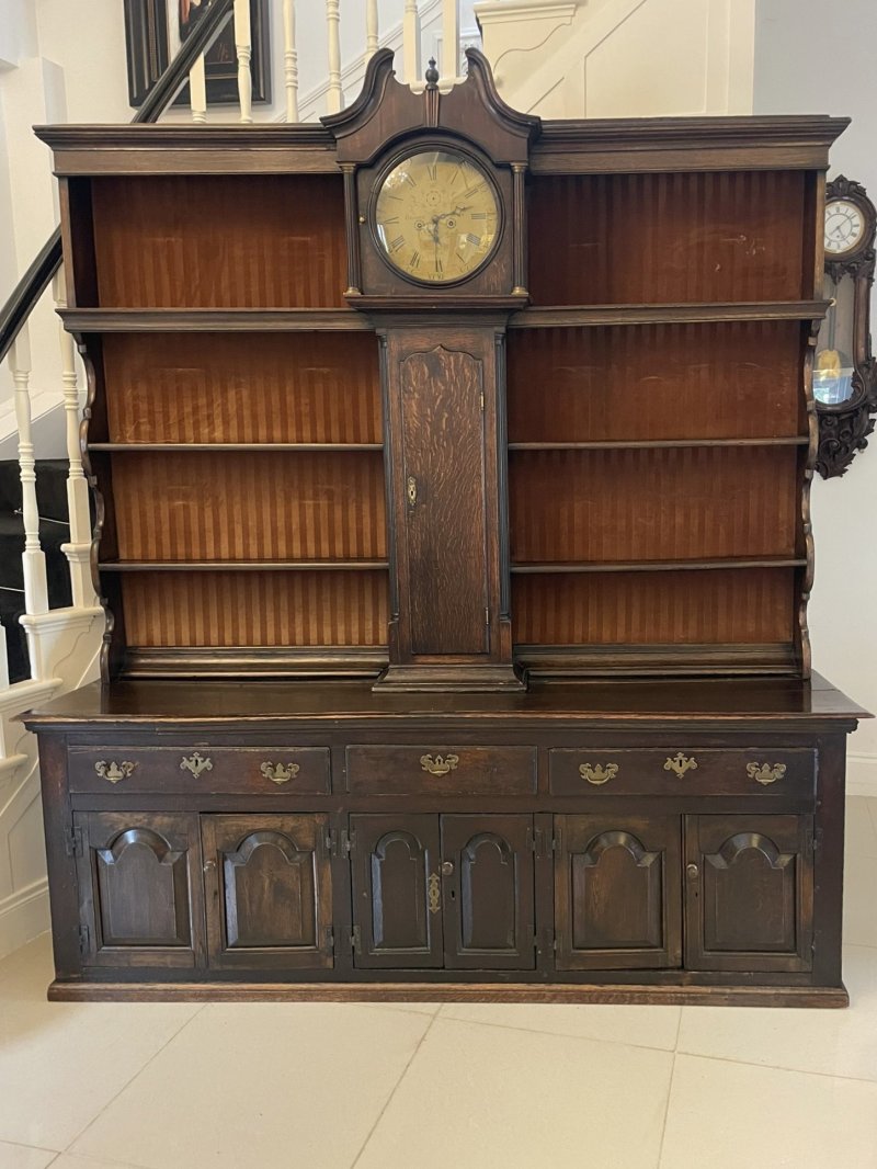 Rare 18th Century Large Antique George III Quality Oak Dresser with Rack and Longcase Clock